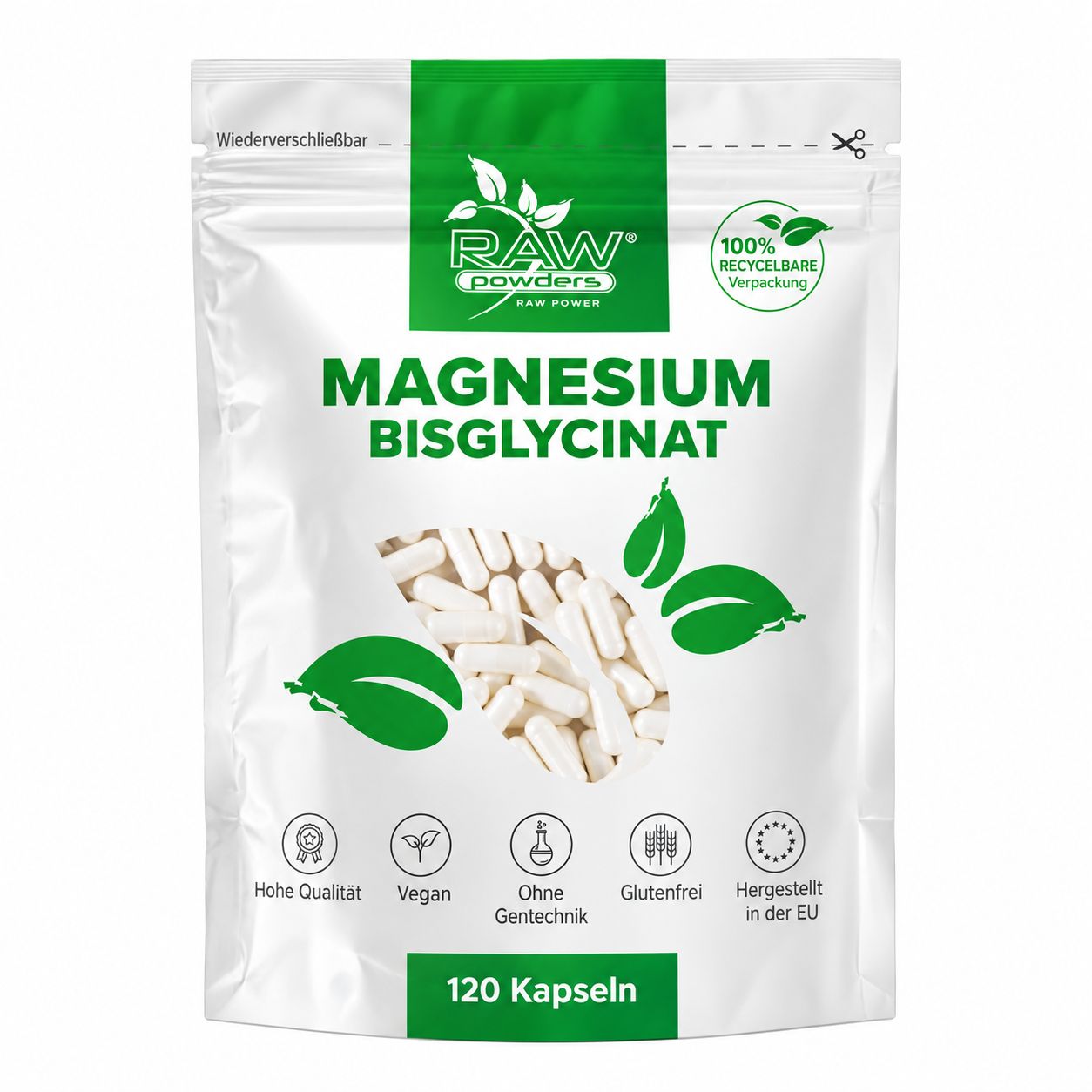 Ein weißer Beutel mit Magnesium Bisglycinat Kapseln, 120 Stück, 100% recycelbare Verpackung.