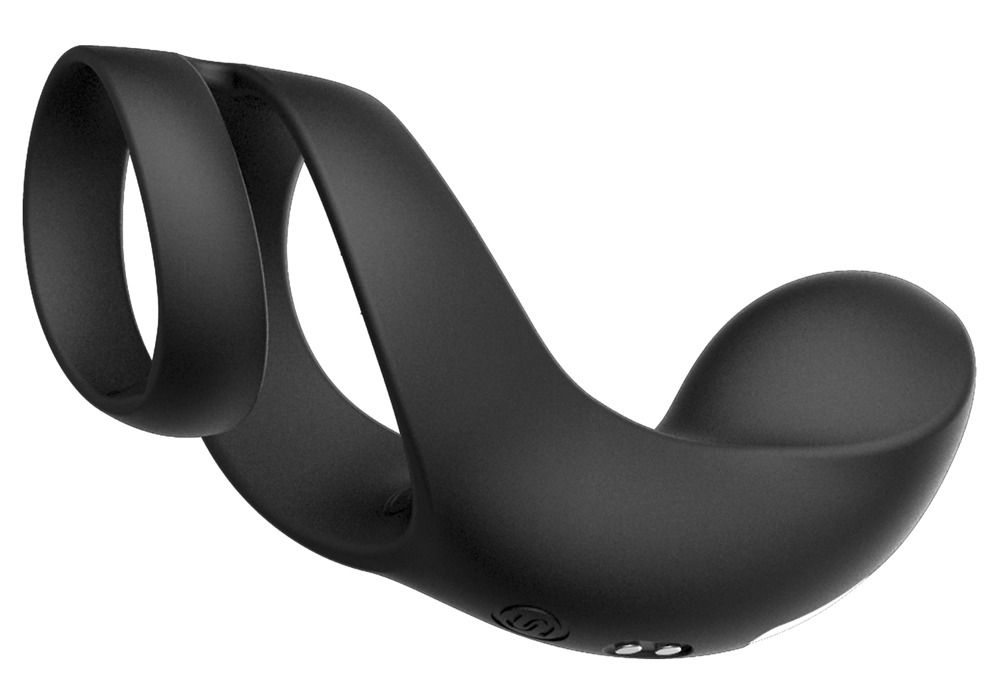Schwarzer Stimulator mit doppelter Ringform. Geschwungene Form mit zwei Ringen und abgerundeten Enden. Aus Silikon.