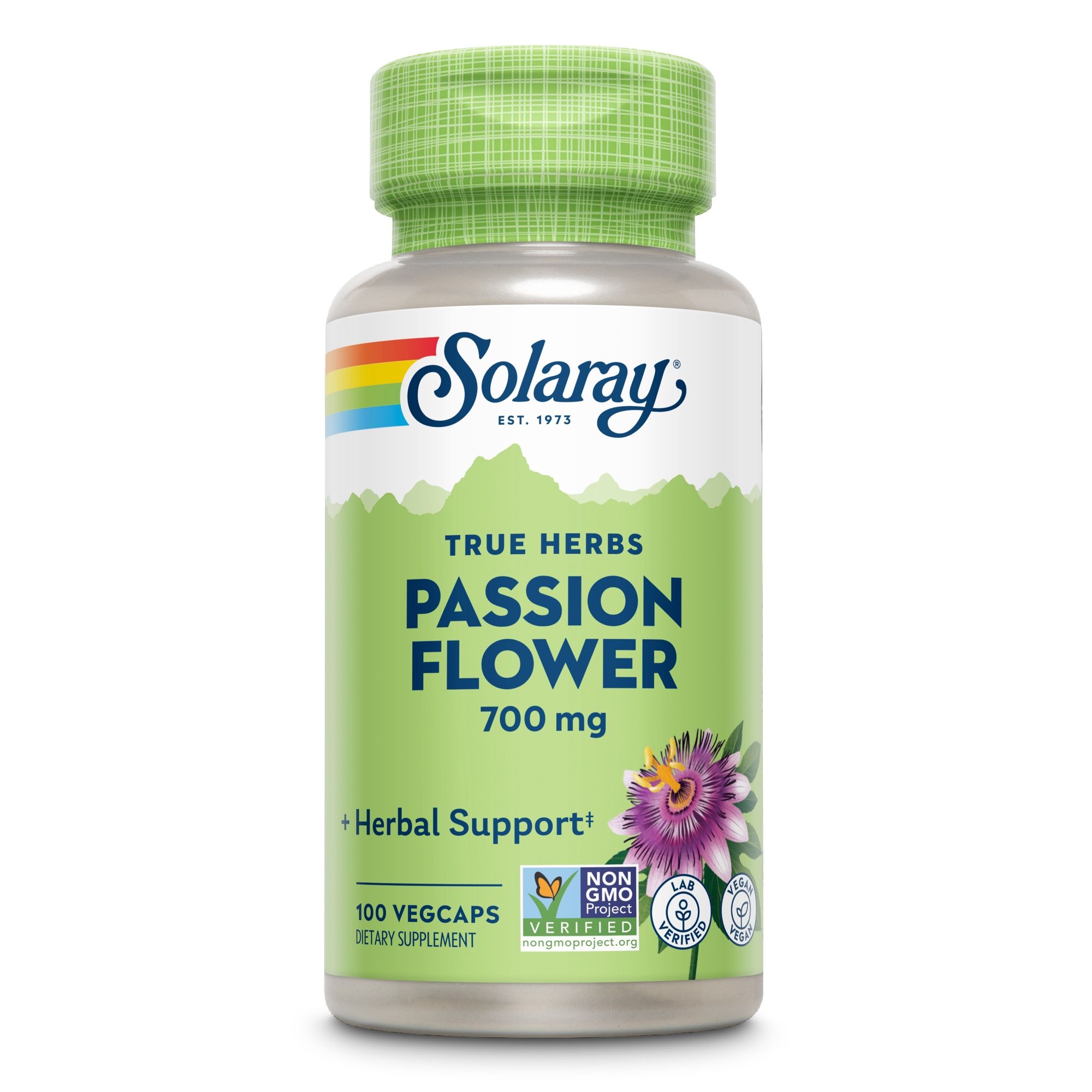 Solaray Passionsblume-Kapseln. Grüne Flasche mit weißem Deckel. Aufschrift: True Herbs, Passion Flower, 700 mg. 100 Vegcaps.