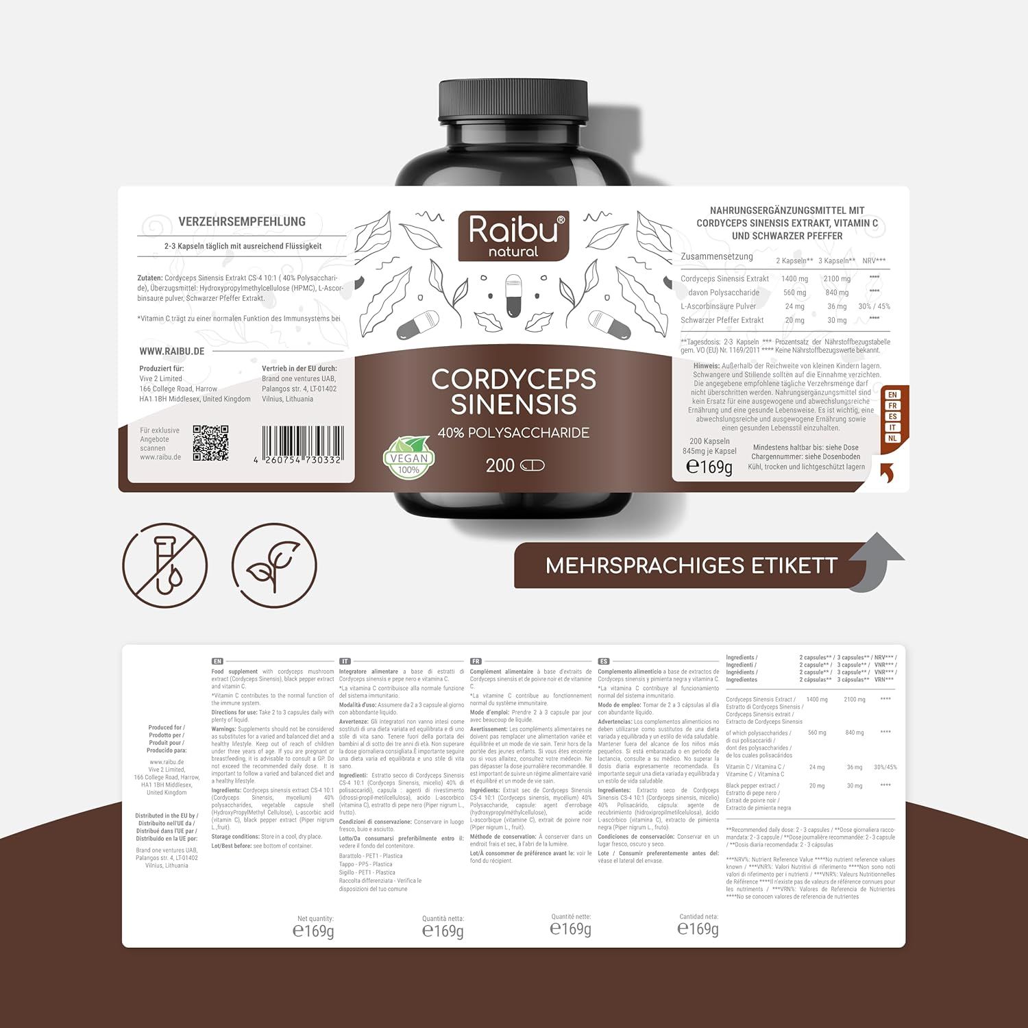 Flasche Cordyceps mit Etikett. Mehrsprachiges Etikett. Text: Cordyceps Sinensis Extrakt, 200 Kapseln. Vegan.