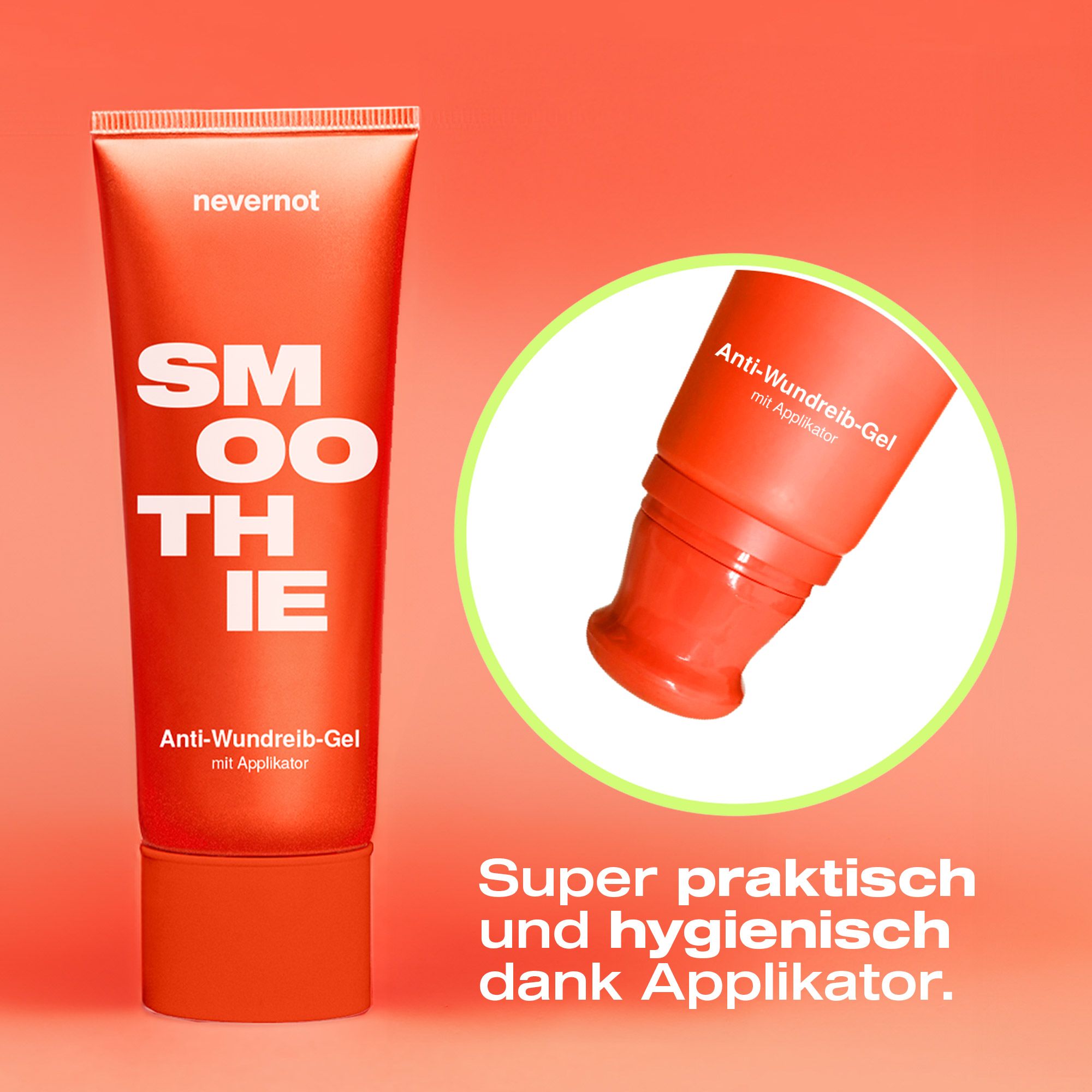 Orange Tube und Nahaufnahme des Applikators. 'nevernot SMOOTHIE Anti-Wundreib-Gel mit Applikator'.