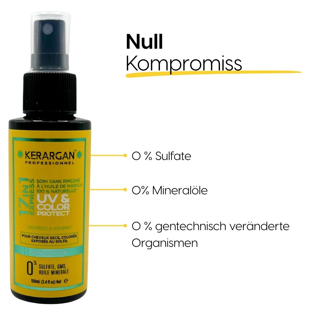 Kerargan UV & Color Protect. Flasche mit Sprühkopf. Gelbes Etikett. Text: 0% Sulfate, Mineralöle, gentechnisch verändert.