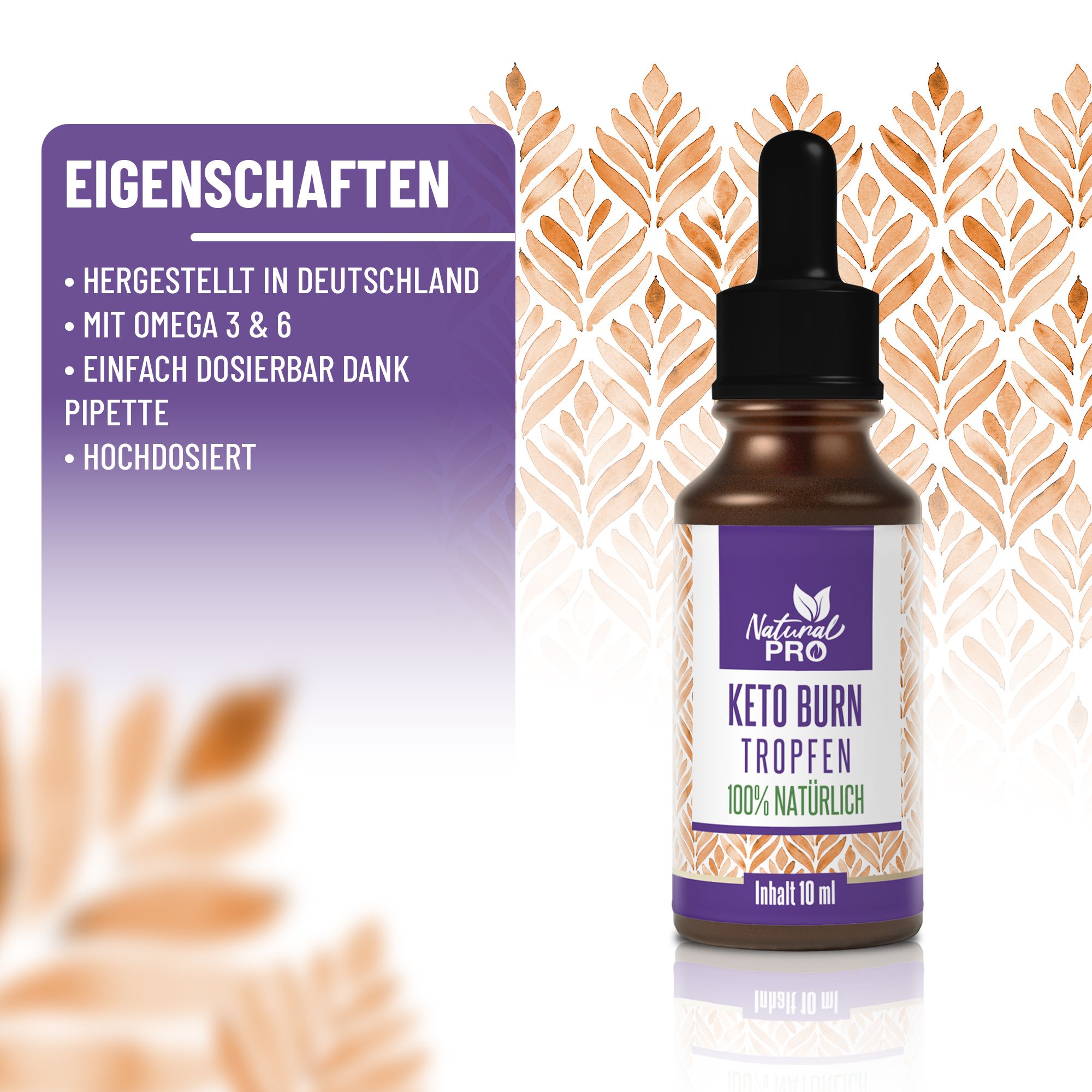 Eigenschaften: Flasche "Keto Burn Tropfen". Hergestellt in Deutschland. Mit Omega 3 & 6. Einfach dosierbar. Hochdosiert.