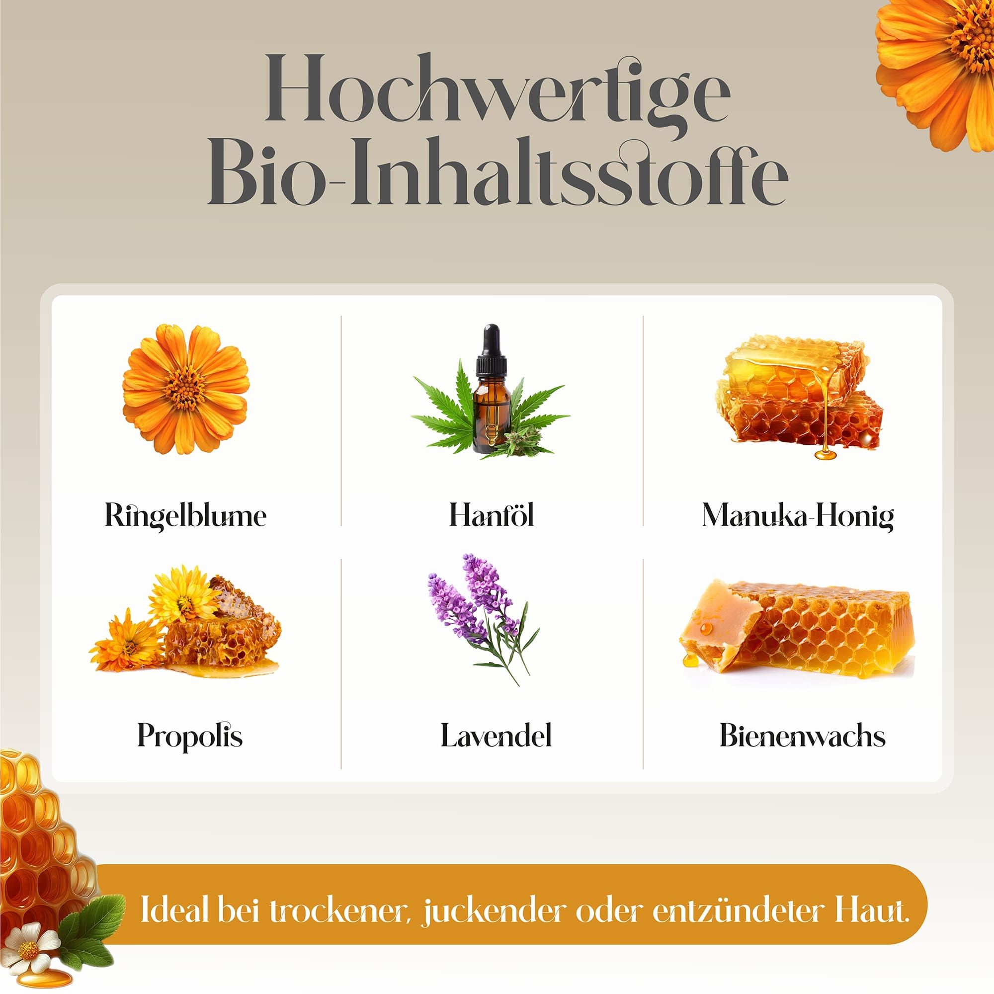 Verschiedene Inhaltsstoffe: Ringelblume, Hanföl, Manuka Honig, Propolis, Lavendel, Bienenwachs. Text: Hochwertige Bio-Inhaltsstoffe.