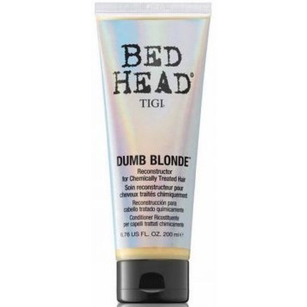 Tigi Bed Head Dumb Blonde Haarspülung. Tube mit schwarzem Verschluss. Text: Dumb Blonde, Reconstructor for Chemically Treated Hair. 200 ml.