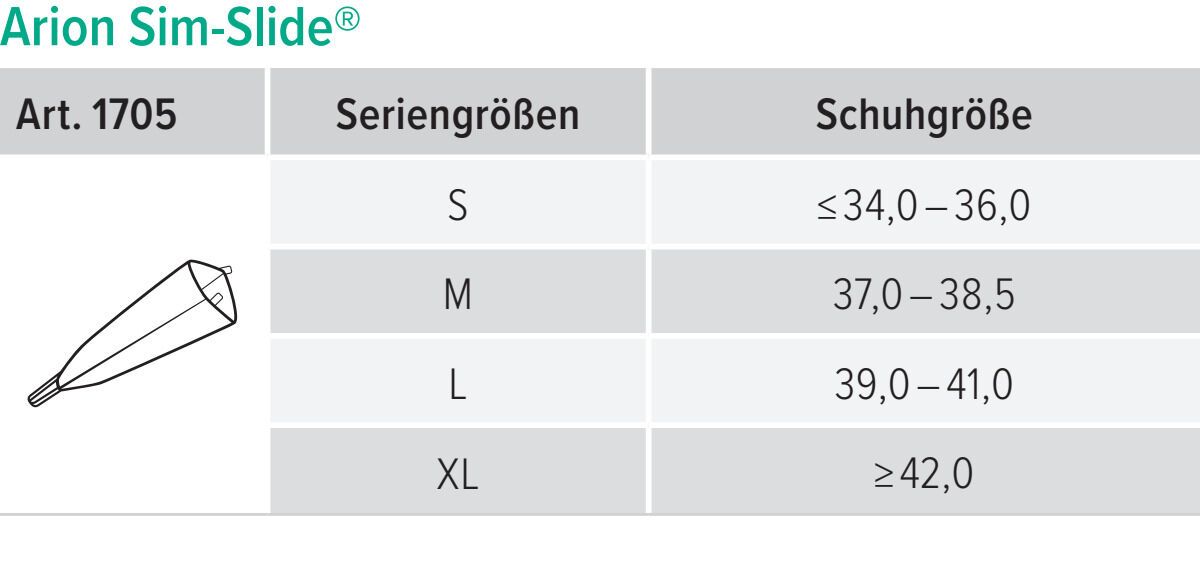 Arion Sim Slide Anziehhilfe: Größentabelle für Seriengrößen S, M, L, XL und entsprechende Schuhgrößen.