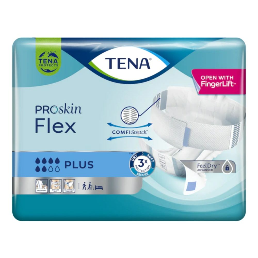 Verpackung von TENA Flex Plus. Blaue Verpackung mit Produktnamen, Logo und Produktmerkmalen. Mit FingerLift-Öffnung.