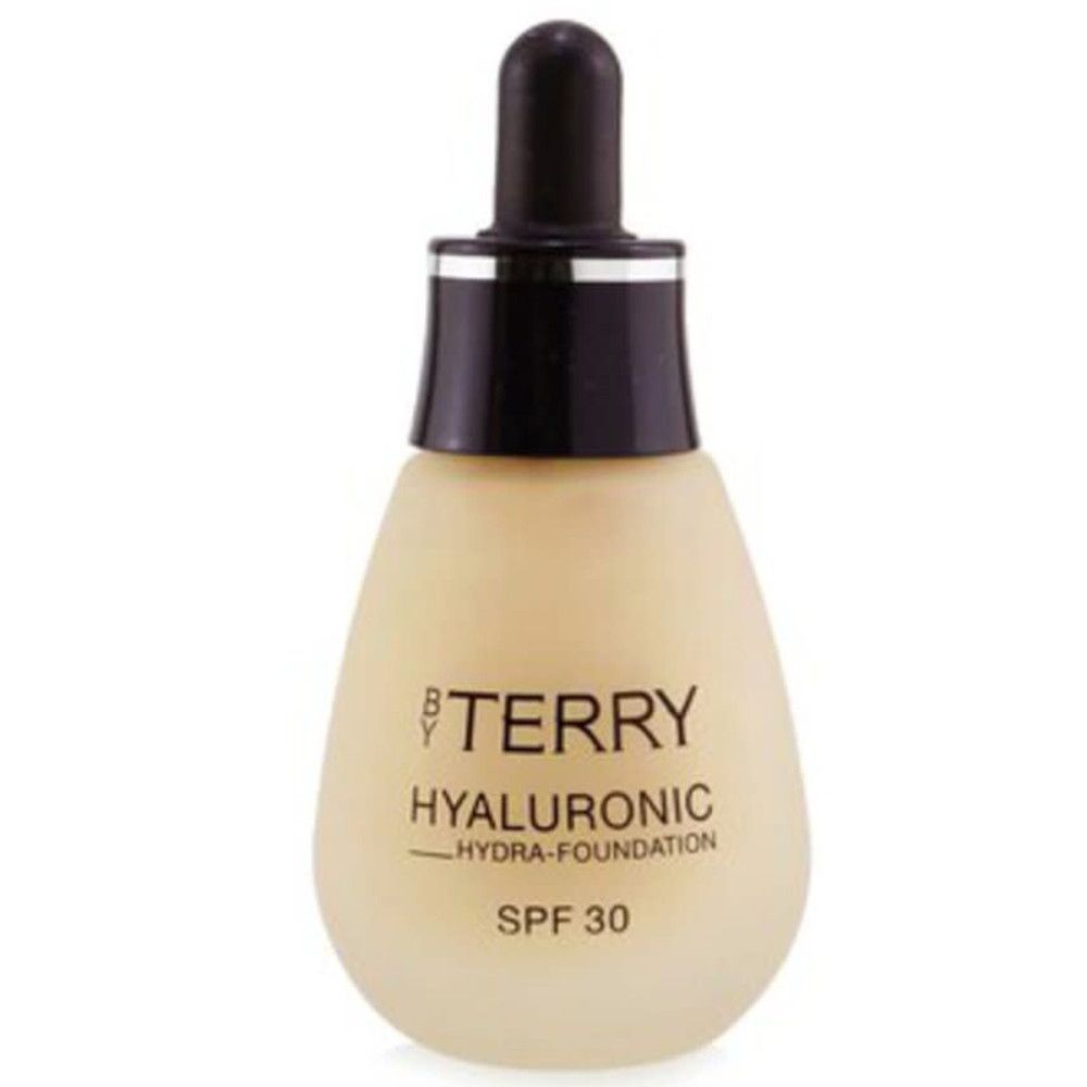 Beige Foundation-Flasche mit Tropfer. Aufschrift: BY TERRY, HYALURONIC HYDRA-FOUNDATION, SPF 30.