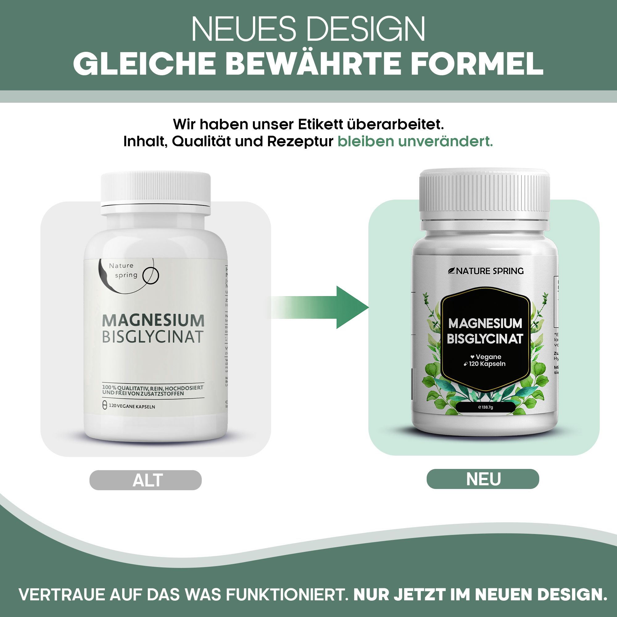Vergleich: Altes und neues Etikett für Magnesium Bisglycinat Kapseln.