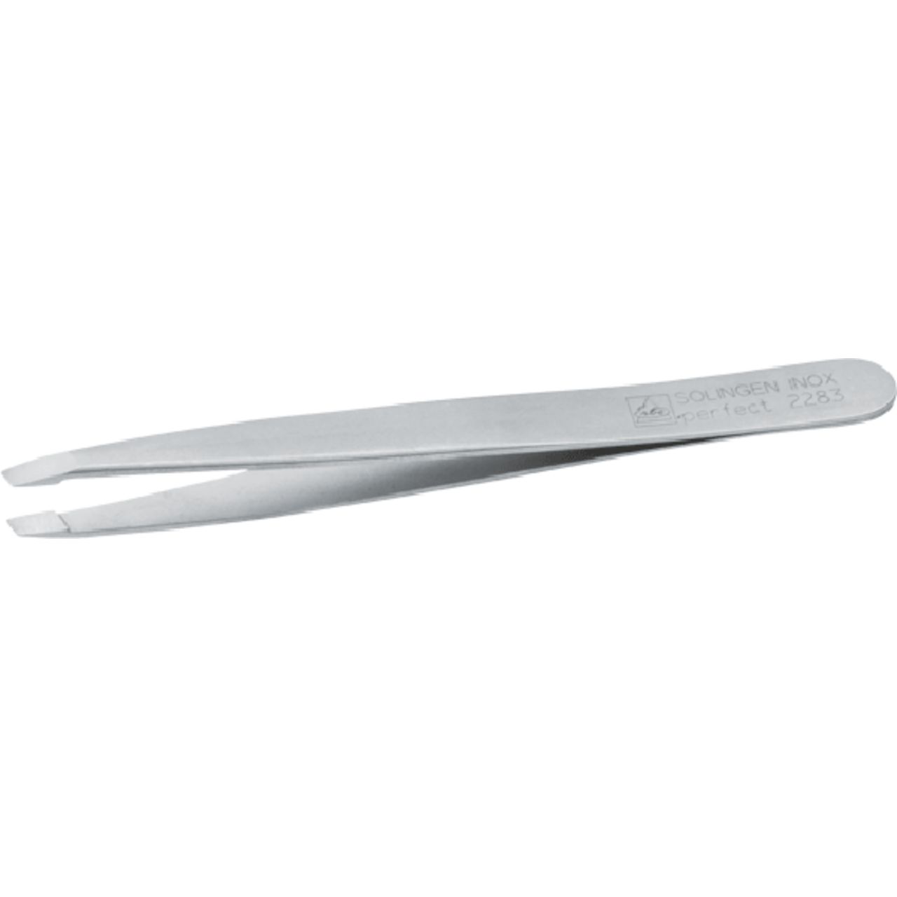 Pinzette, schräg, rostfrei. Metall, matt. Aufschrift: SOLINGEN INOX perfect 2285.