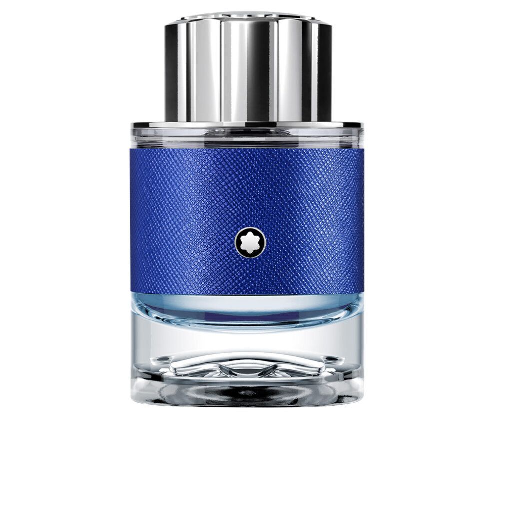 Blauer Glasflakon mit silbernem Deckel. Blaue Textur um den Flakon. Montblanc-Logo.
