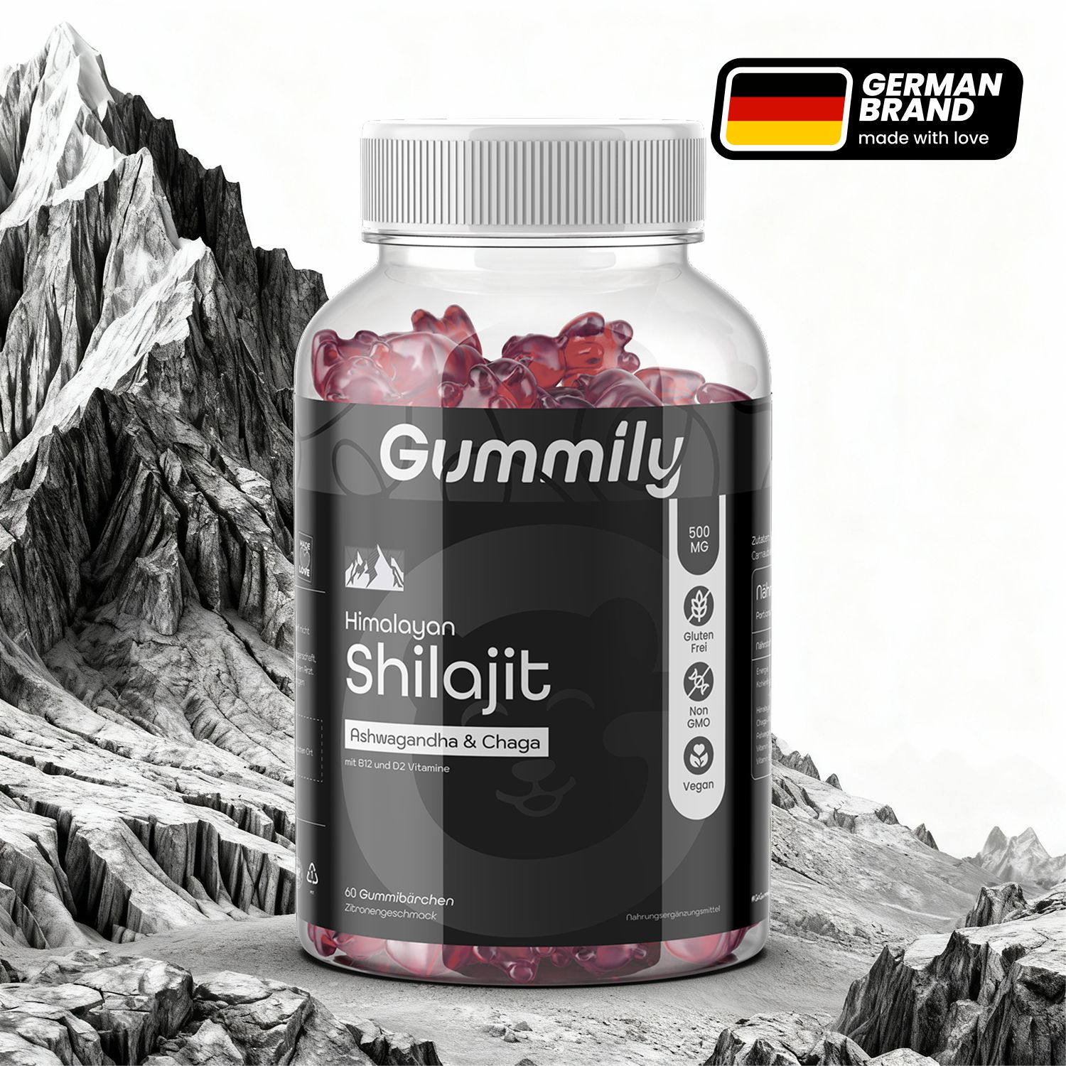 Gummily®-Gummibärchen-Dose mit Himalaya Shilajit, Ashwagandha & Chaga. Schwarzes Etikett, rote Gummibärchen, weißer Deckel, Berge im Hintergrund.