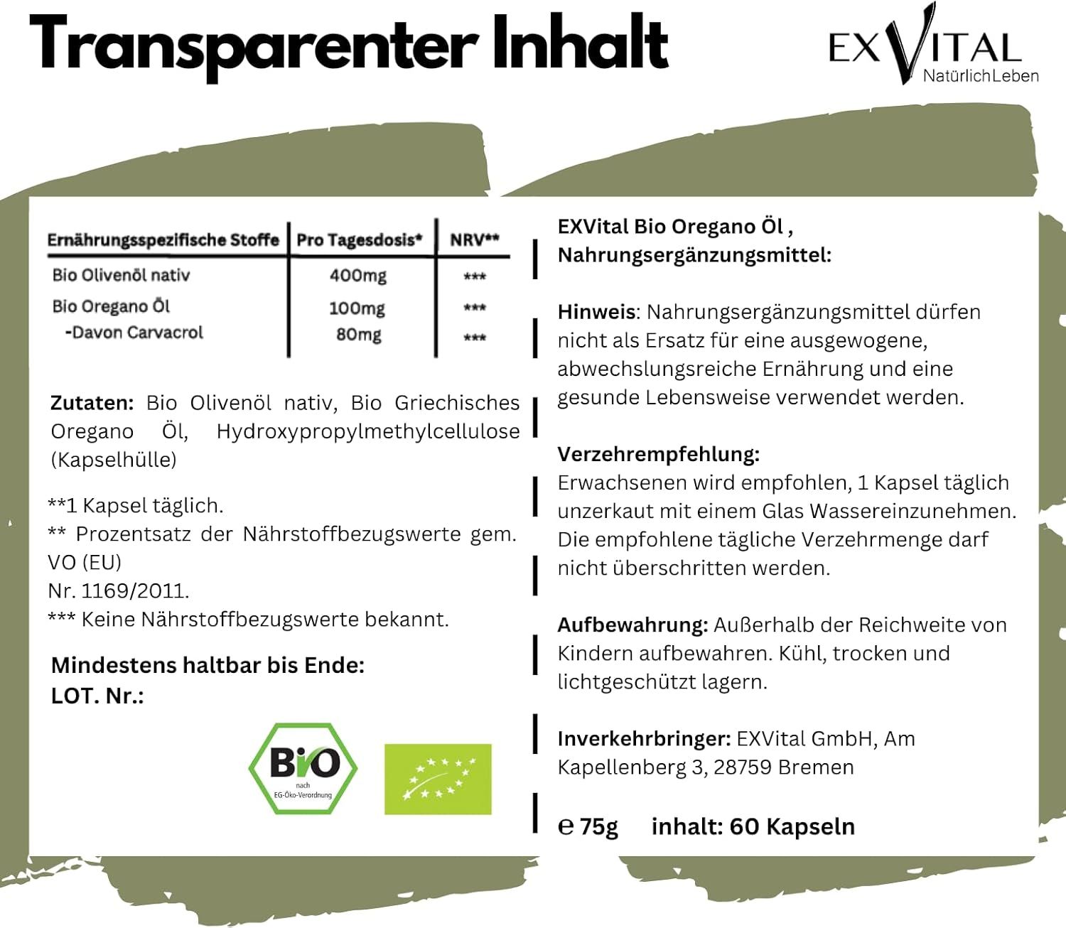 Text auf grünem Hintergrund.  Nährwertangaben, Zutaten, Verzehrempfehlung, Aufbewahrung.  Bio-Siegel.  60 Kapseln.  EXVital Bio Oregano Öl.