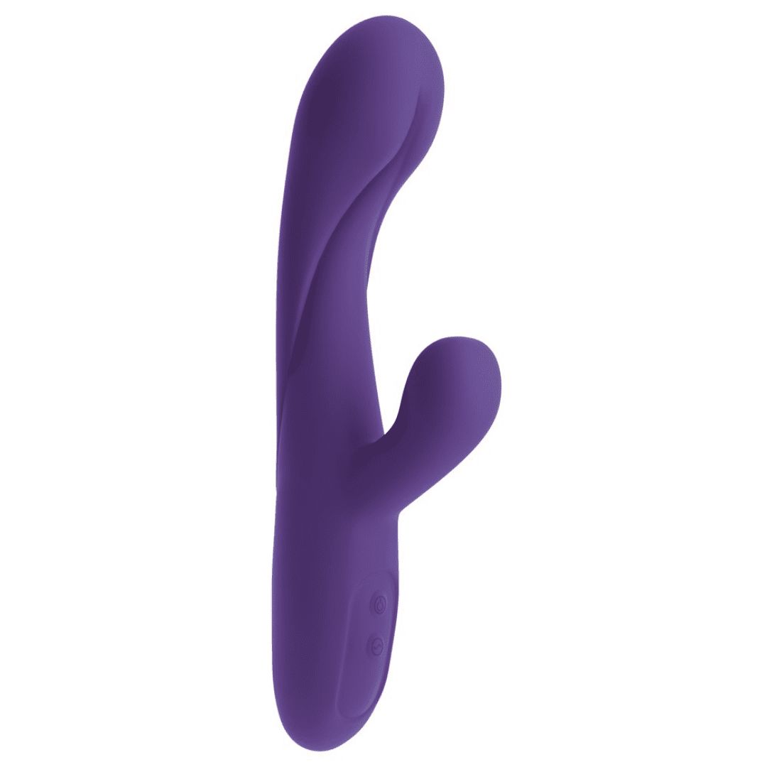 Lila Vibrator mit gebogener Form und zwei Vorsprüngen. Auf der Oberfläche befinden sich zwei Knöpfe.