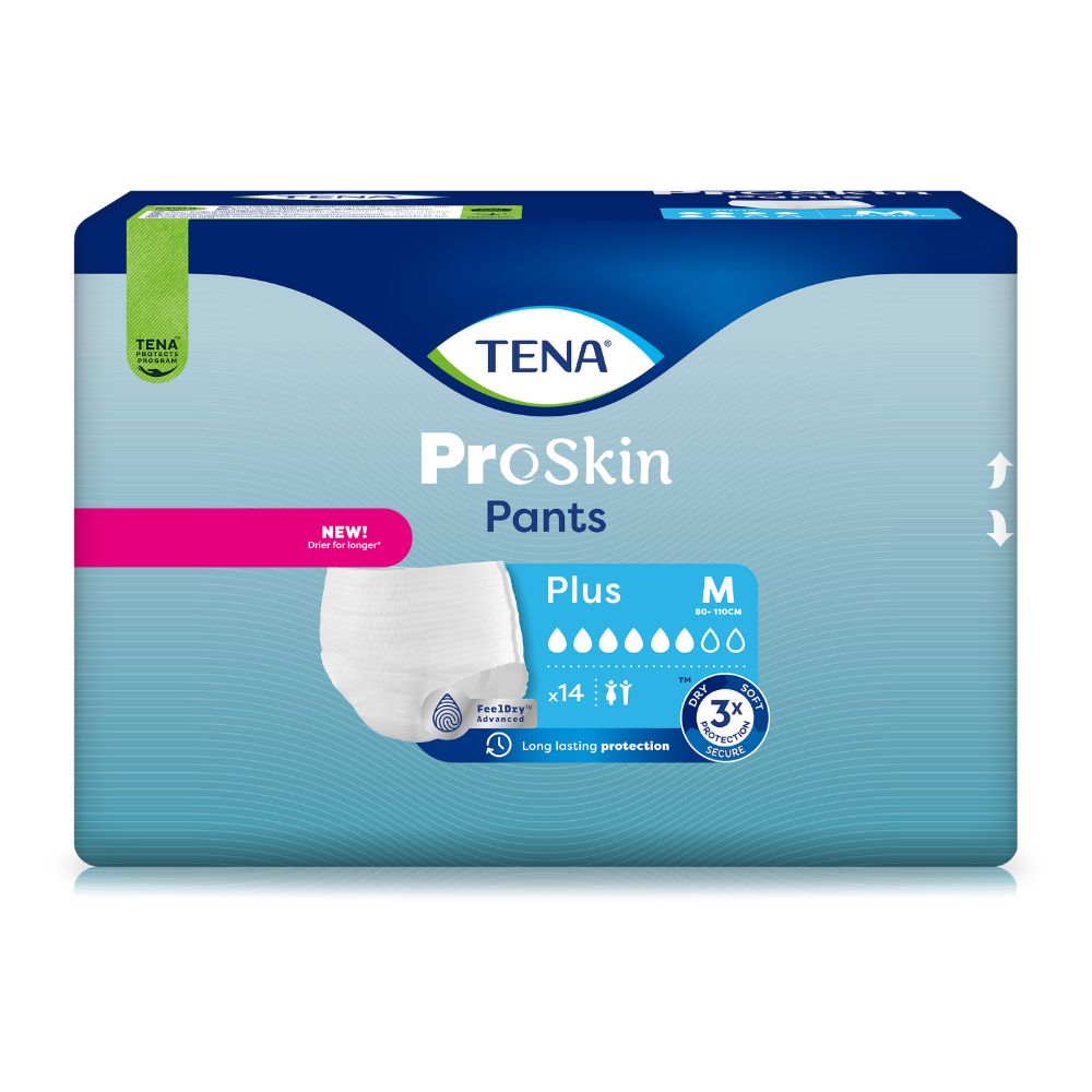 Verpackung TENA ProSkin Pants Plus. Blaue Verpackung mit Produktabbildung. Größe M, 14 Stück. Mit Saugfähigkeitsanzeige.