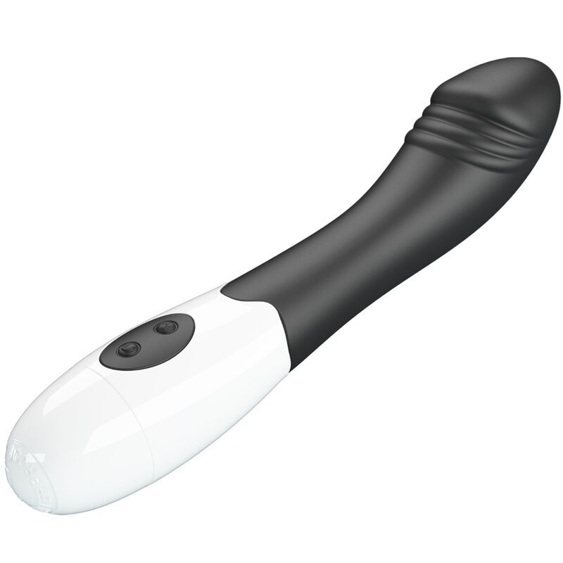 Schwarzer G-Punkt-Vibrator mit weißem Griff und zwei Bedientasten.