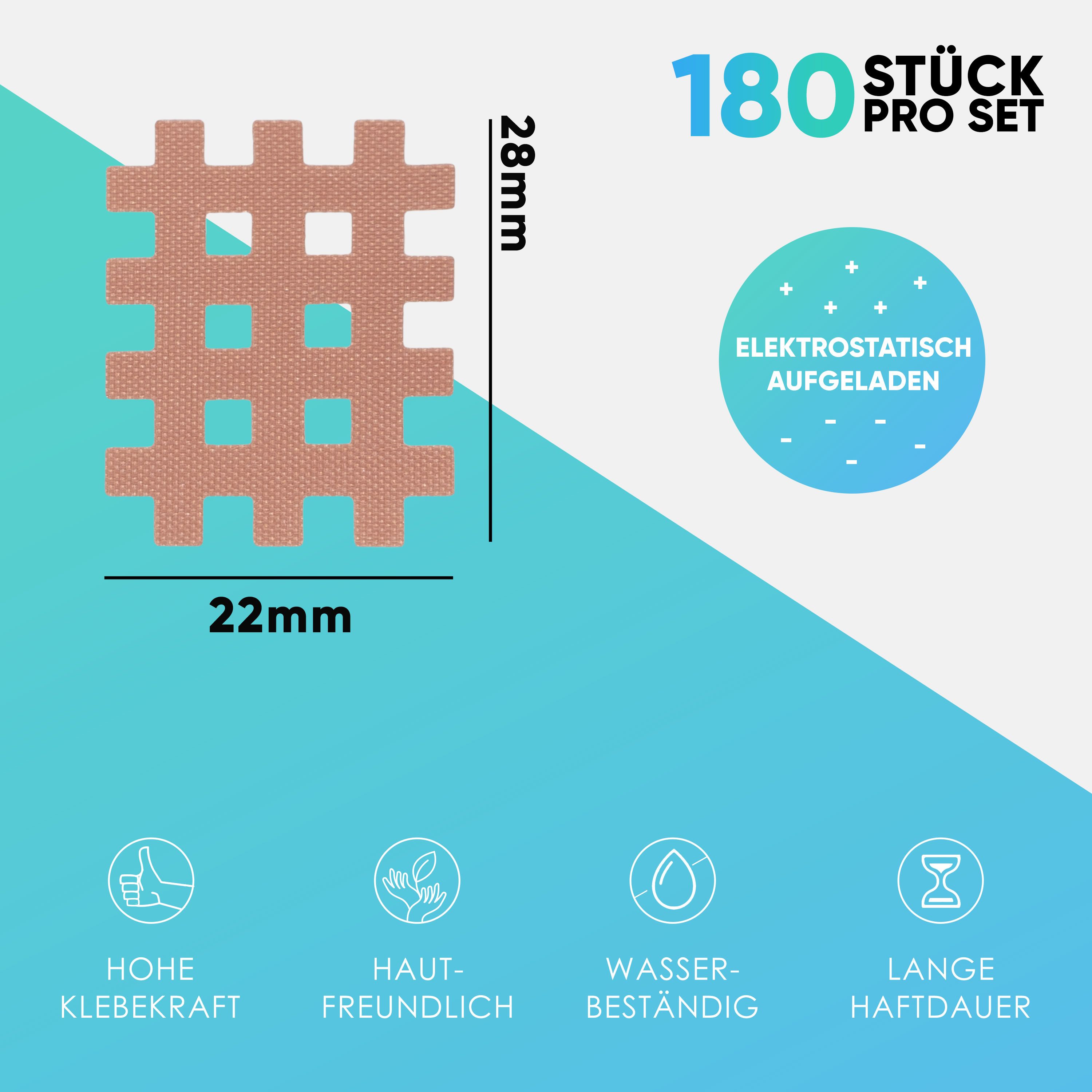 Nahaufnahme eines Gittertapes. Maße: 28mm x 22mm. 180 Stück pro Set. Eigenschaften: hohe Klebekraft, hautfreundlich, wasserbeständig, lange Haftdauer.