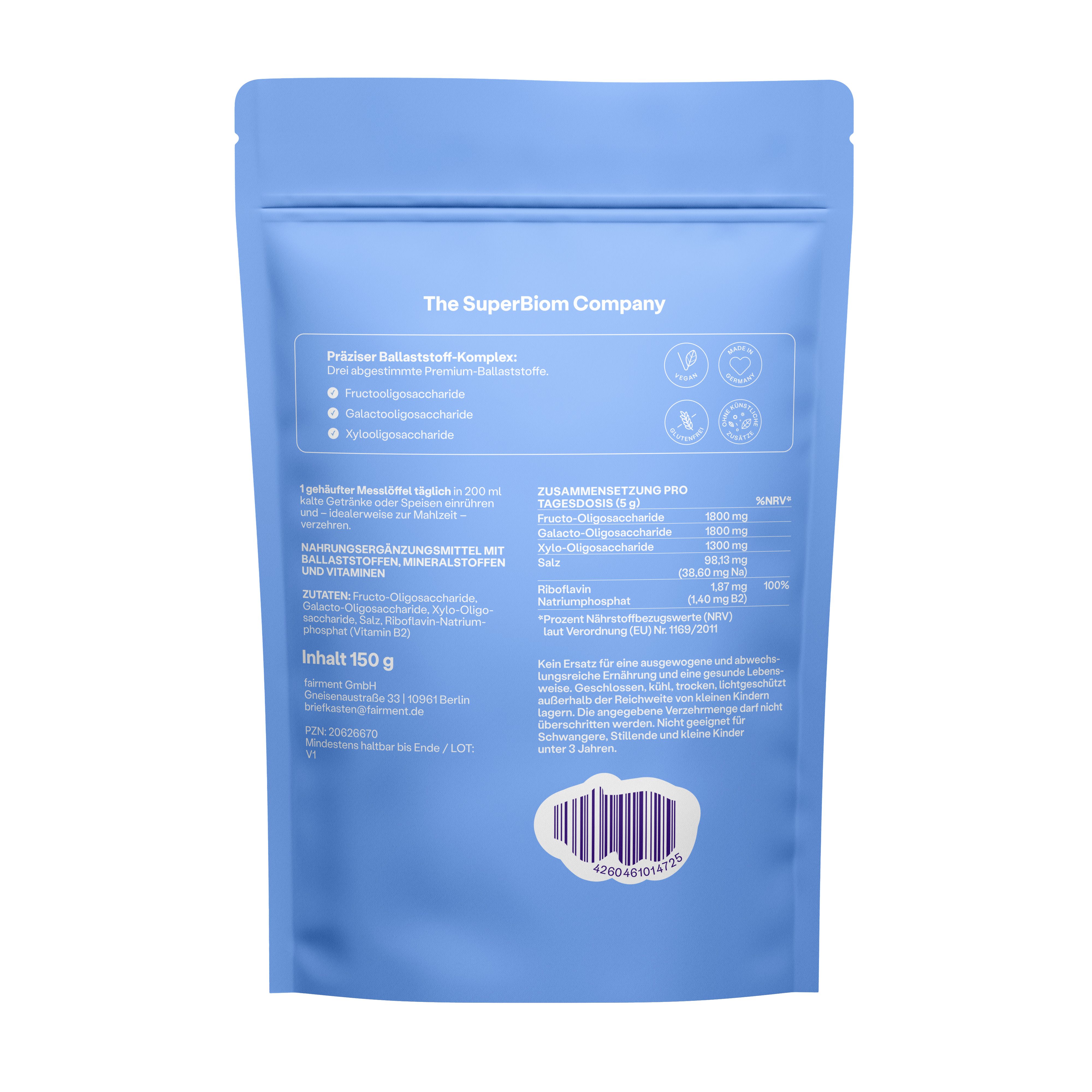 Blaue Beutelrückseite mit Text. Enthält Informationen zu Inhaltsstoffen, Nährwerten und Hersteller. 150g Inhalt.