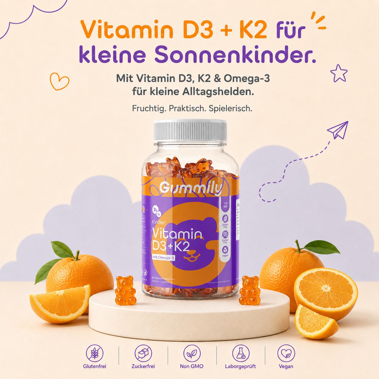 Gummily Kinder Vitamin D3+K2 Gummibärchen mit Orangen und Icons.