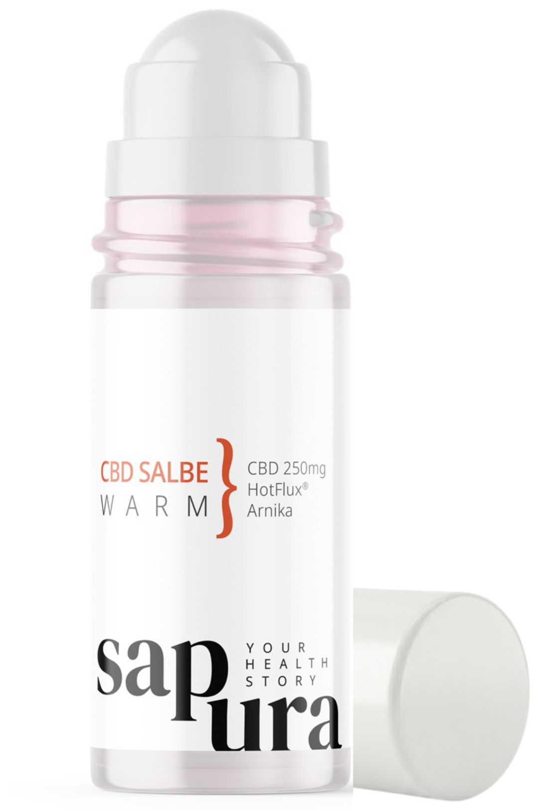 Roll-On-Flasche mit weißem Deckel. Aufschrift: CBD Salbe Warm, CBD 250mg, HotFlux, Arnika. Marke: sapura.