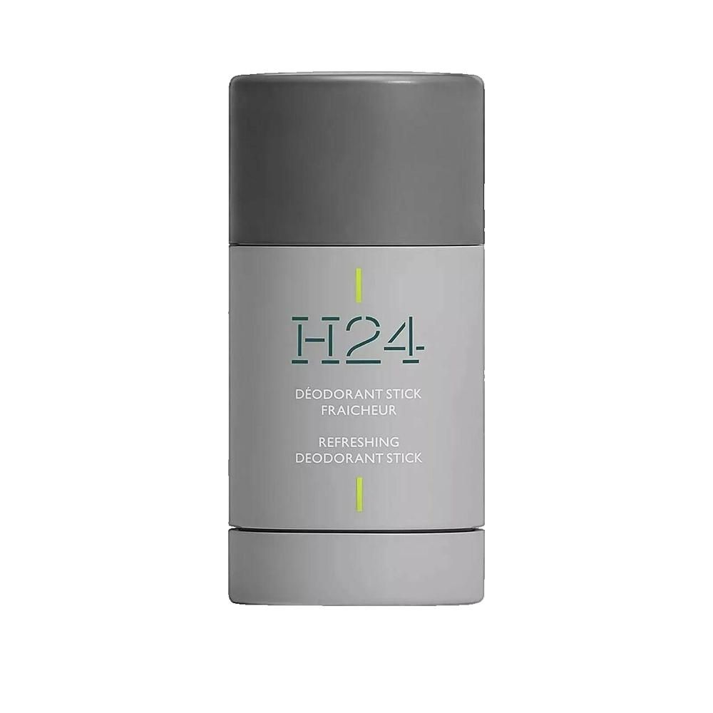 Grauer Deodorant-Stick mit Deckel. Schriftzug: H24, Deodorant Stick Fraicheur, Refreshing Deodorant Stick.