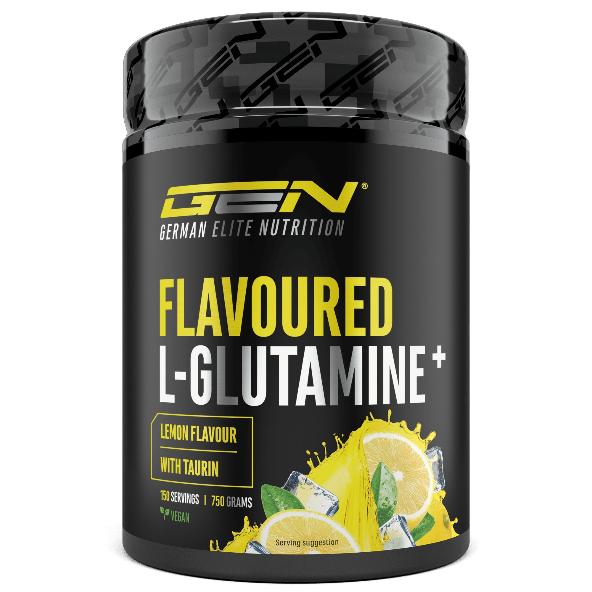 Dose GEN Flavoured L-Glutamine+. Zitrone mit Taurin. 150 Portionen, 750g. Vegan.