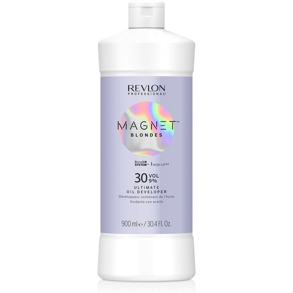Flasche mit Produktetikett. Aufschrift: Revlon Magnet Blondes 30 Vol. Ultimate Oil Developer. Fassungsvermögen: 900 ml.