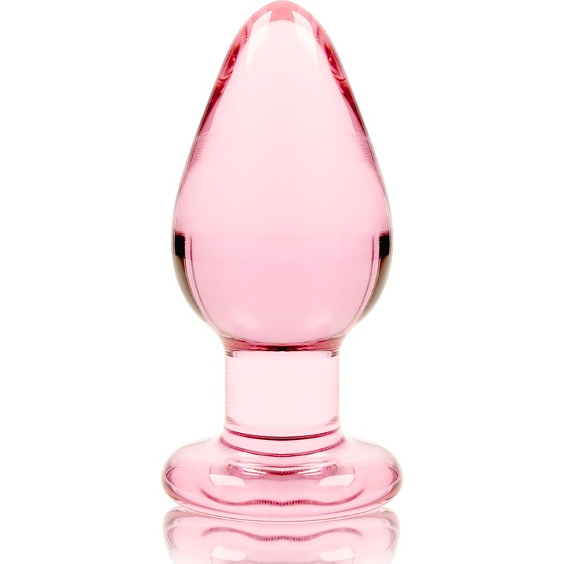 Rosa Glas-Analplug mit breiter Basis, 11 cm lang, 5 cm breit.