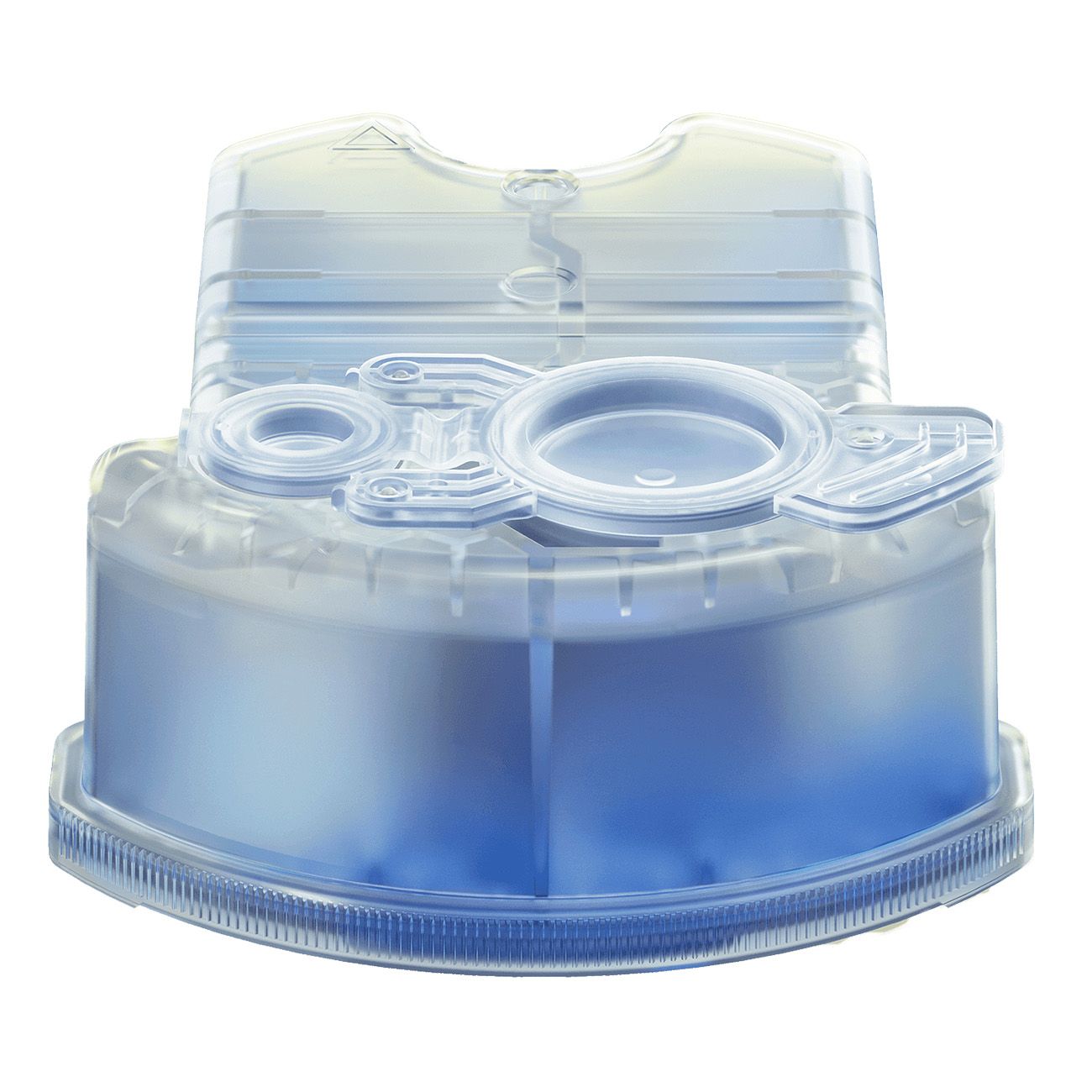 Transparente Reinigungskartusche mit blauer Flüssigkeit. Oberseite mit Öffnungen und Details. Kunststoff.