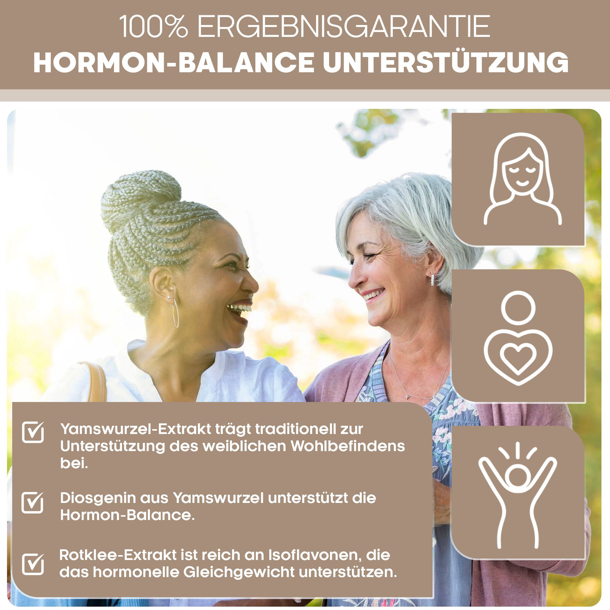Zwei lächelnde Frauen. Text: Yamswurzel-Extrakt trägt traditionell zur Unterstützung des weiblichen Wohlbefindens bei. Diosgenin unterstützt den Hormon-Balance. Rotklee-Extrakt reich an Isoflavonen.