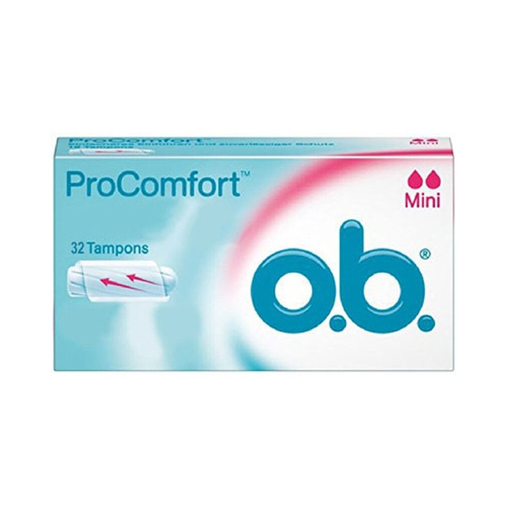 Packung O.B. ProComfort Mini Tampons. 32 Stück. Blaue und rosa Verpackung mit Produktabbildung und Schriftzug.