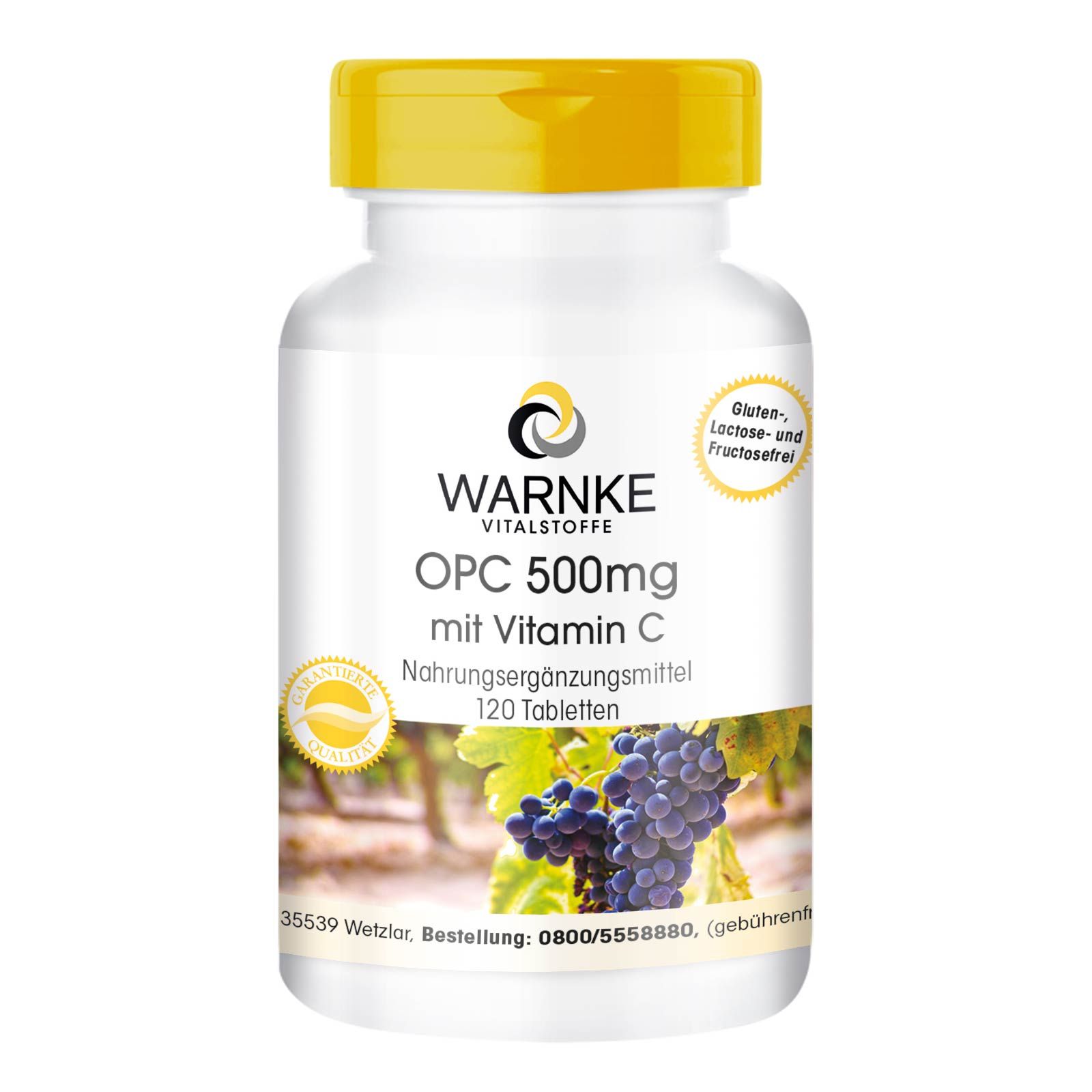 Weiße Tablettenflasche mit gelbem Deckel. Aufschrift: Warnke Vitalstoffe OPC 500mg mit Vitamin C. 120 Tabletten. Gluten-, Lactose- und Fructosefrei.