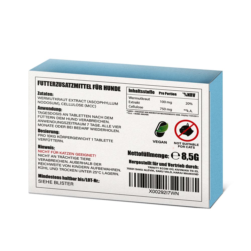 Rückseite einer blau-weißen Schachtel. Text: Futterzusatzmittel für Hunde. Zutaten, Nährwerttabelle, vegan-Symbol, nicht für Katzen geeignet.