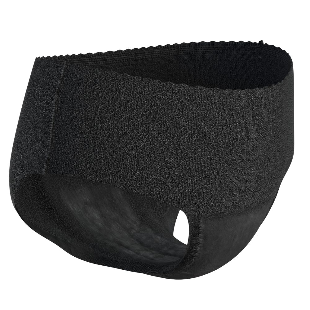 Schwarze TENA Silhouette Plus Unterwäsche. Hüftform, mit Beinöffnung. Textilähnliches Material.