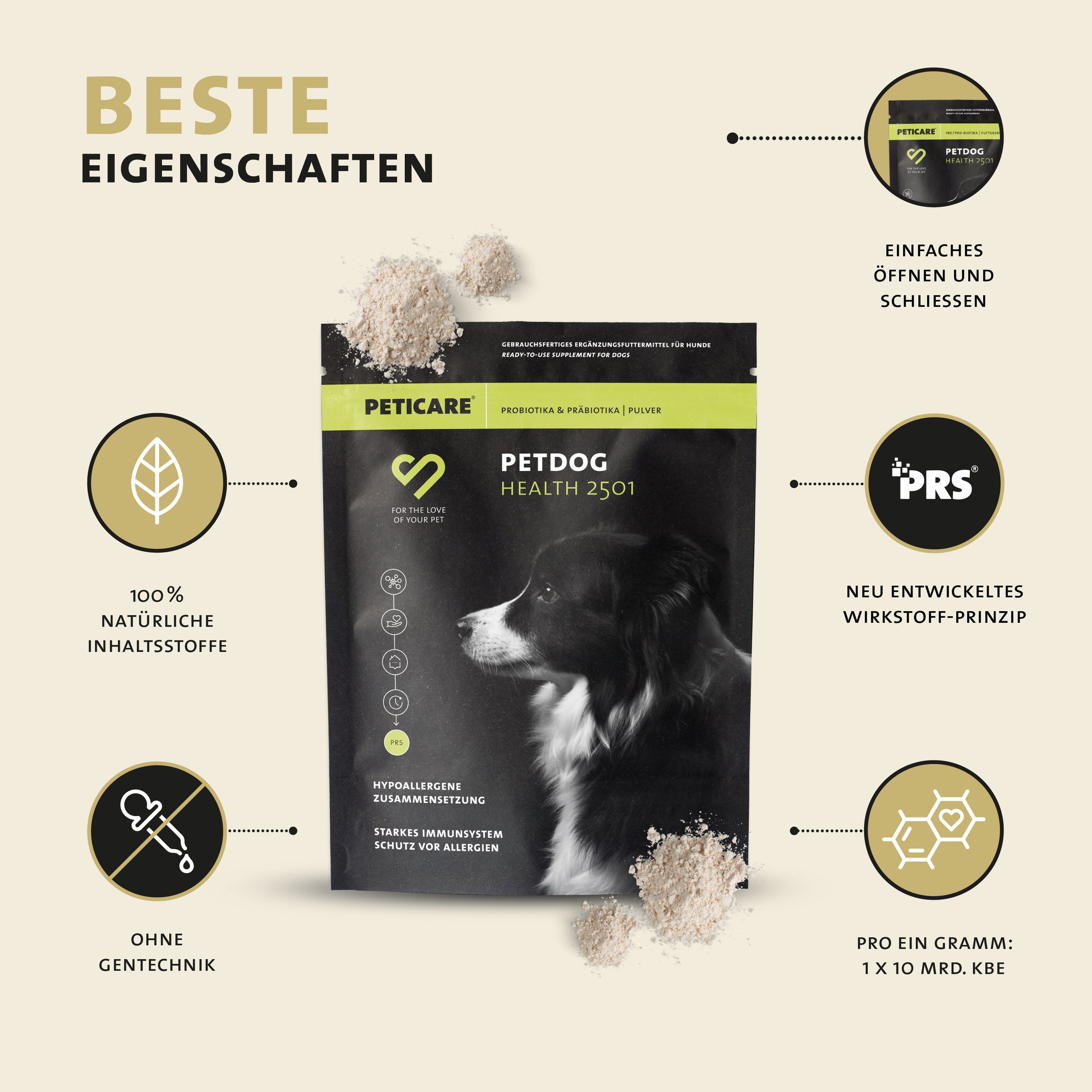 Peticare-Beutel mit Pulver. Text: Petdog Health 2501. Beste Eigenschaften. 100% natürliche Inhaltsstoffe. Ohne Gentechnik.