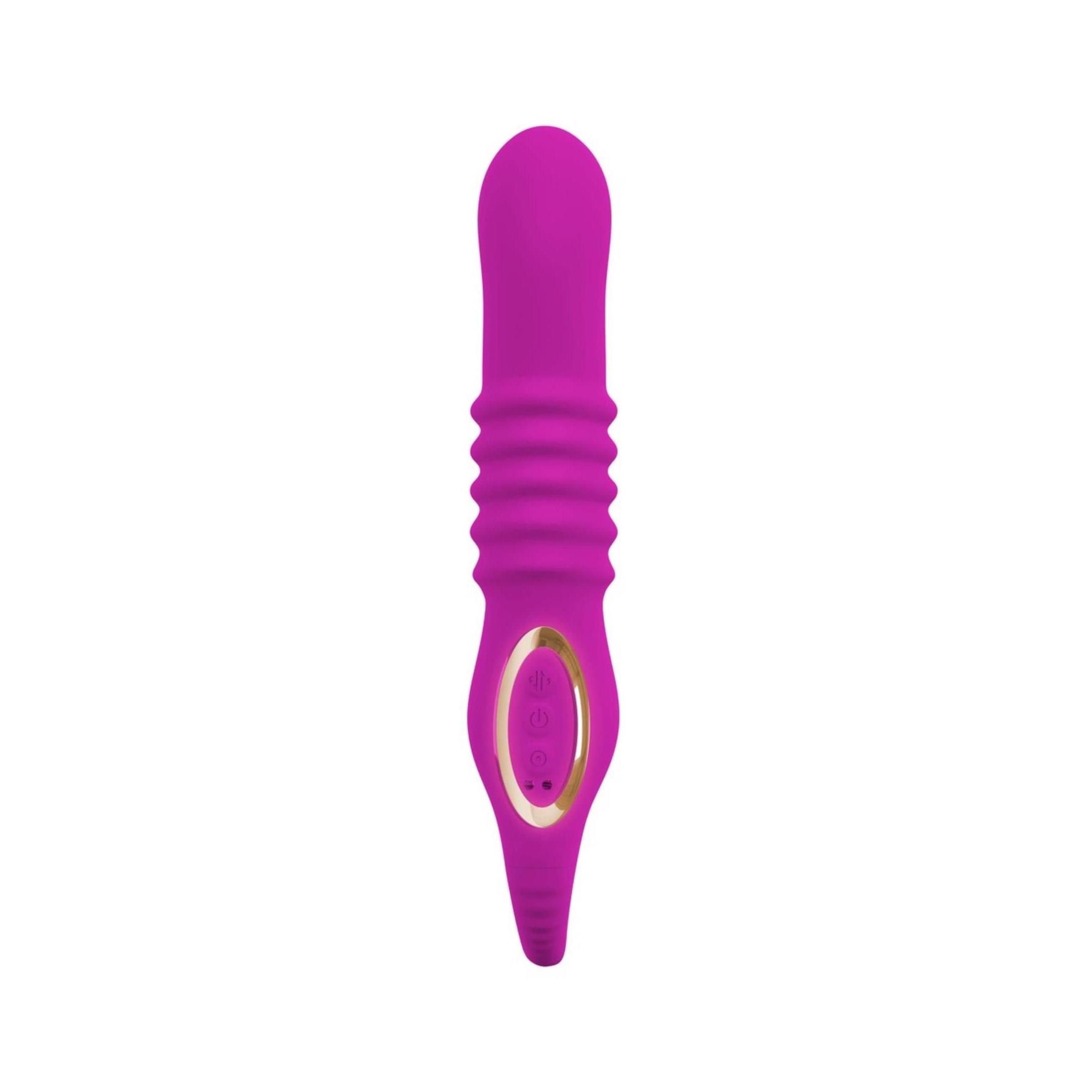 Lila Vibrator mit geriffeltem Schaft und Bedienfeld. Abgerundete Spitze und gebogene Form.