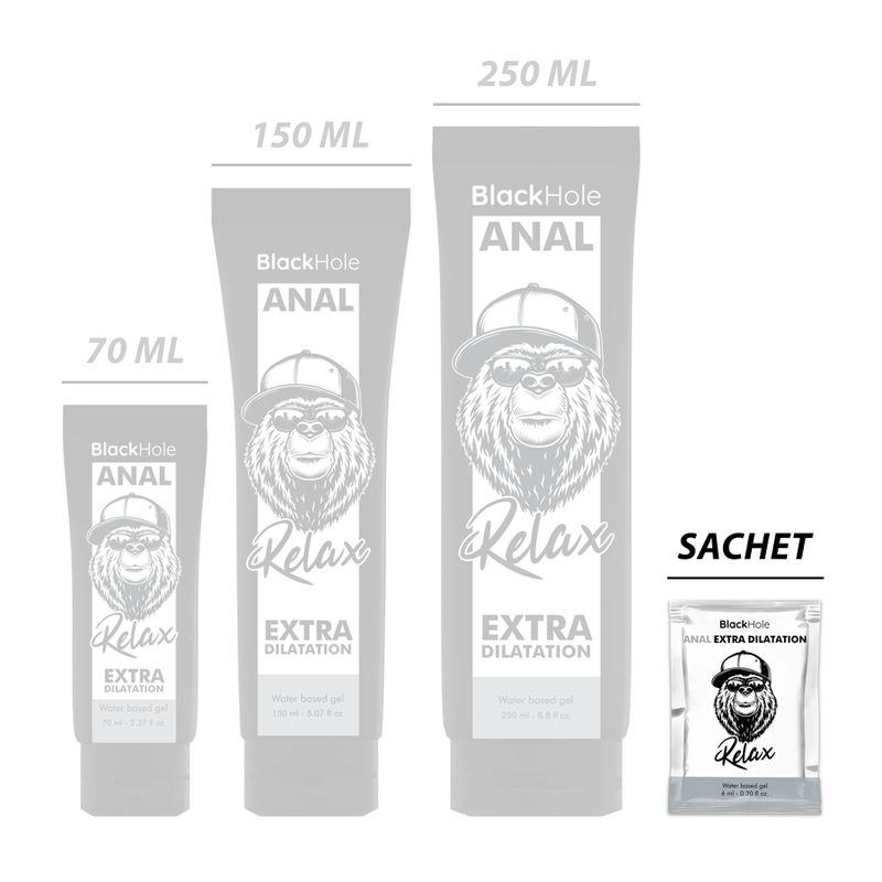Größenvergleich: Black Hole Anal Gleitgel in 70 ml, 150 ml, 250 ml Tuben und 6 ml Sachet.