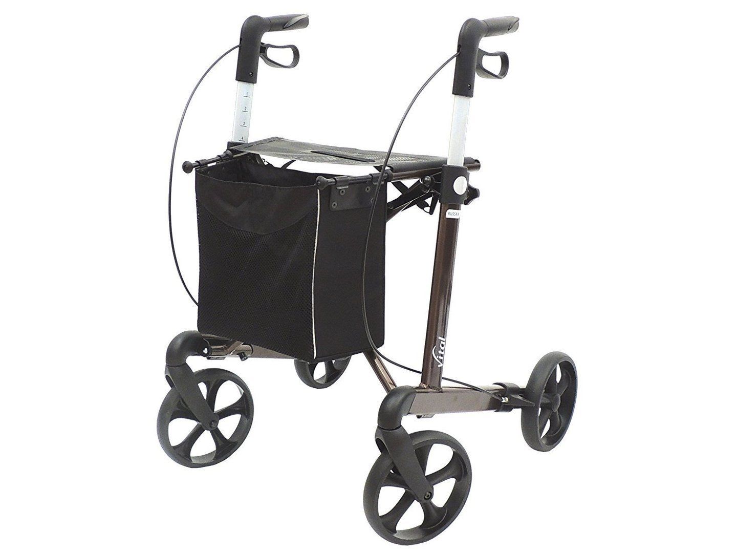 Rollator mit vier Rädern, schwarzem Korb und mokkafarbenem Rahmen. Griffe und Räder sind schwarz. Das Produkt hat das Vital-Logo.