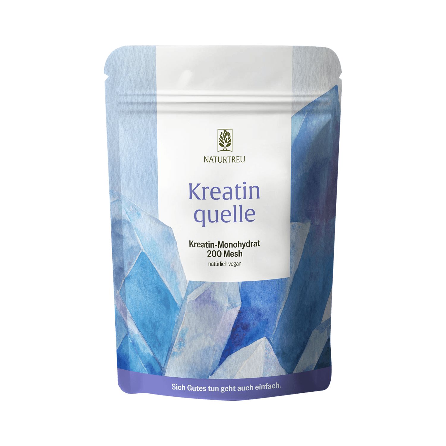 Beutel mit blau-weißem Design. Text: Kreatinquelle, Kreatin-Monohydrat, 200 Mesh, natürlich vegan. Logo: NATURTREU.