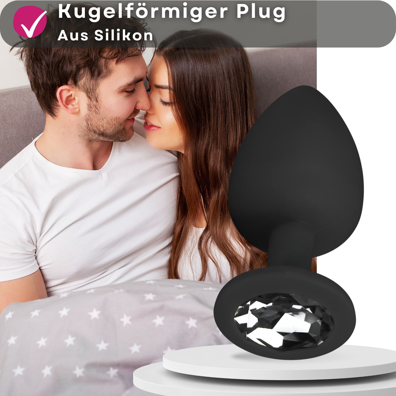 Kugelförmiger Plug aus Silikon. Paar im Hintergrund.