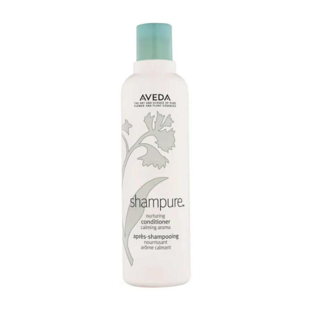 Weiße Flasche mit blauem Deckel. Aufschrift: Aveda, Shampure, Après-shampooing Nourrissant. Floral-Dekor.