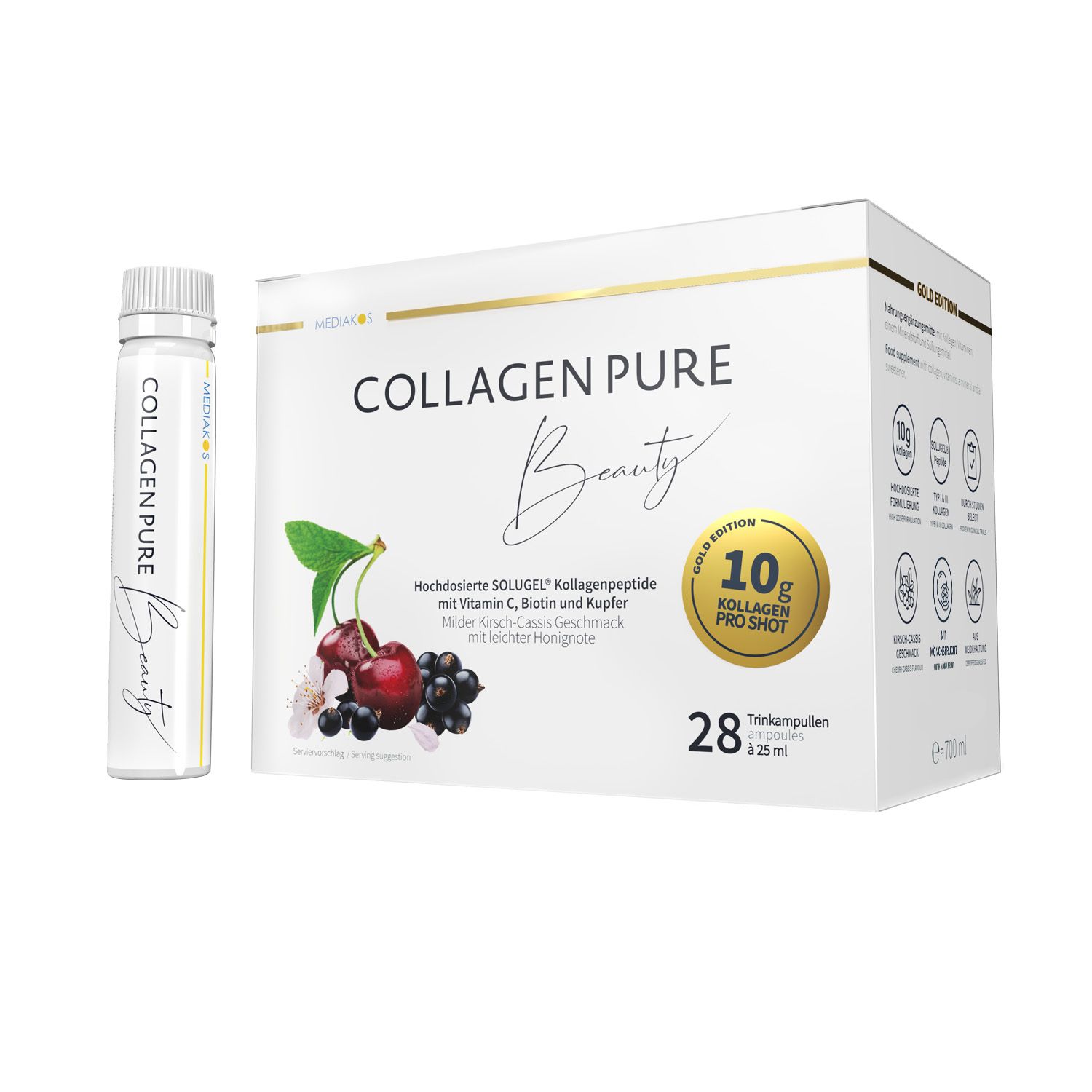 Verpackung "COLLAGEN PURE Beauty" mit 28 Trinkampullen. "Gold Edition 10g Kollagen Pro Shot". Kirschen und Beeren.