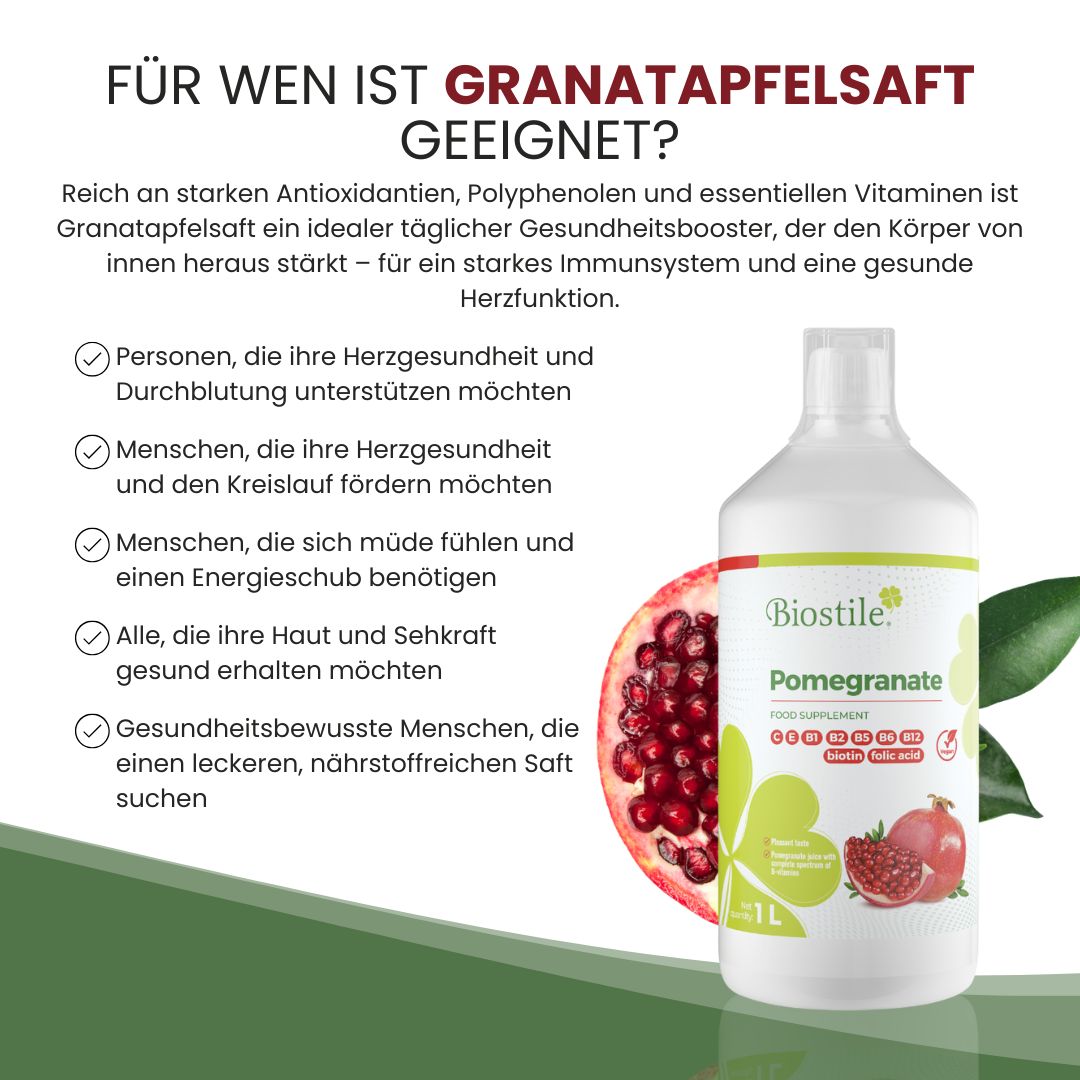 Biostile Granatapfelsaft Flasche mit Liste der Vorteile und Granatapfel.