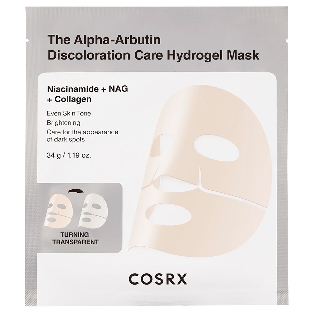 Verpackung der Alpha-Arbutin Discoloration Care Hydrogel Mask mit Inhaltsstoffen und Anwendungshinweisen.