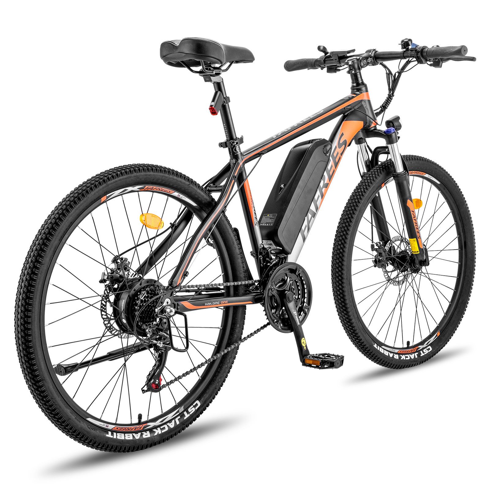 Schwarzes Mountainbike mit orangefarbenen Akzenten. Sichtbar: Akku, 21 Gänge, Scheibenbremsen. Aufschrift: FAFREES.