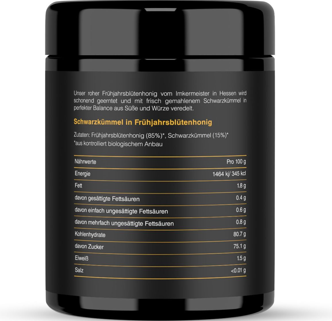 Rückseite der schwarzen Dose. Nährwerttabelle. Text: Schwarzkümmel in Frühjahrsblütenhonig. Zutaten, Nährwerte.