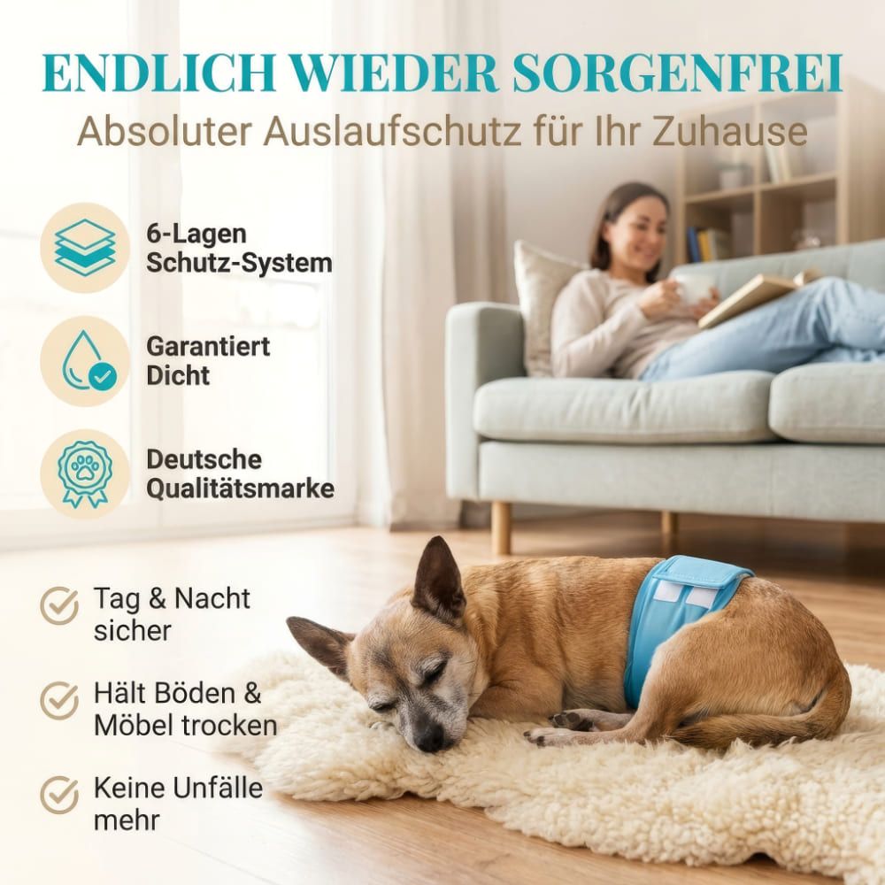 Hund mit blauer Windel liegt auf einem Teppich. Text: 6-Lagen Schutz-System, Deutsche Qualitätsmarke, Tag & Nacht sicher.