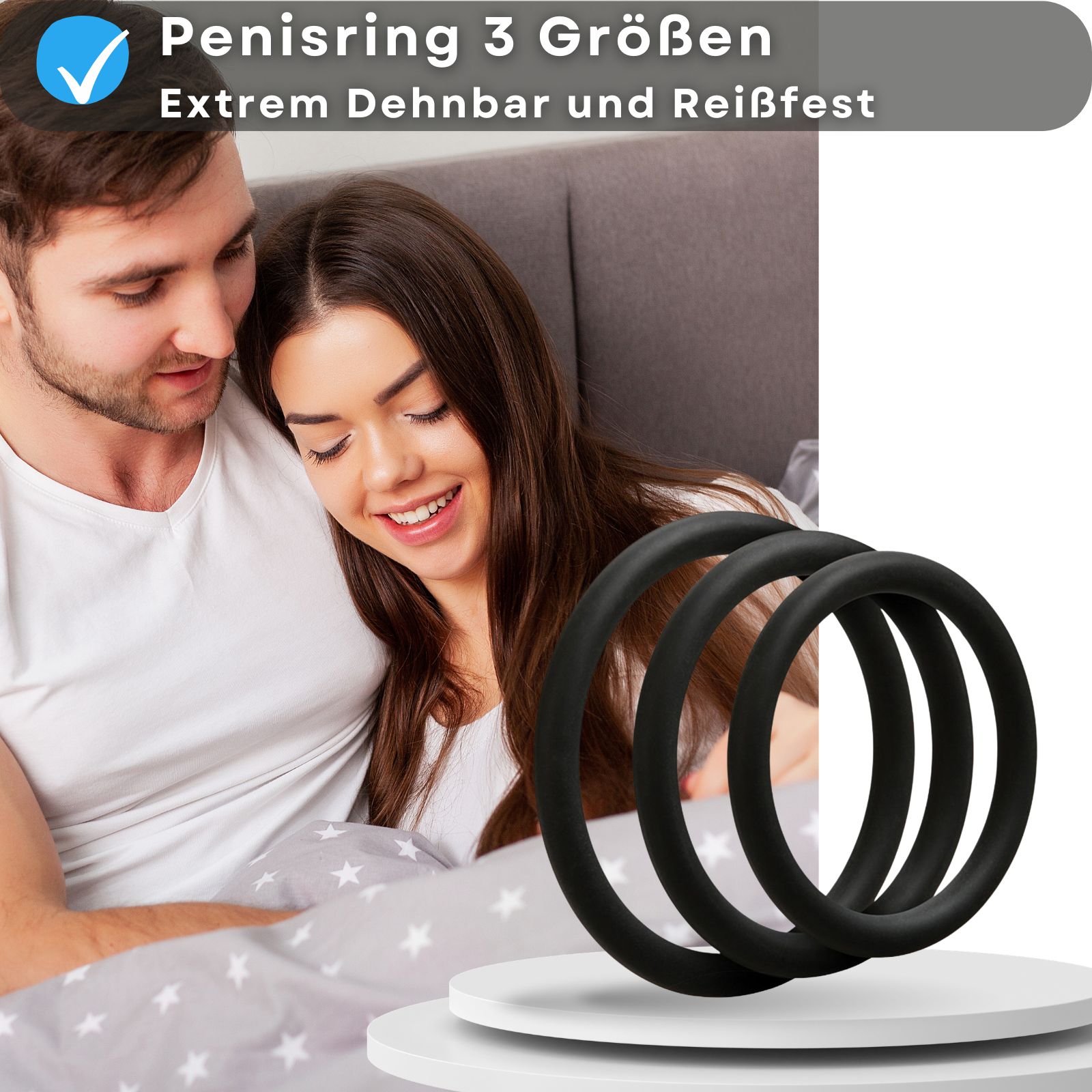 Produktabbildung mit drei schwarzen Penisringen und Text: Penisring 3 Größen, dehnbar.