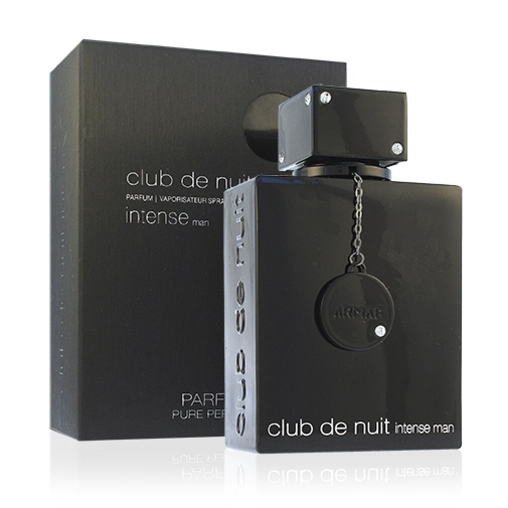 Schwarzer Flakon und Verpackung. Flakon mit quadratischem Deckel. Schriftzug 'club de nuit intense man'.