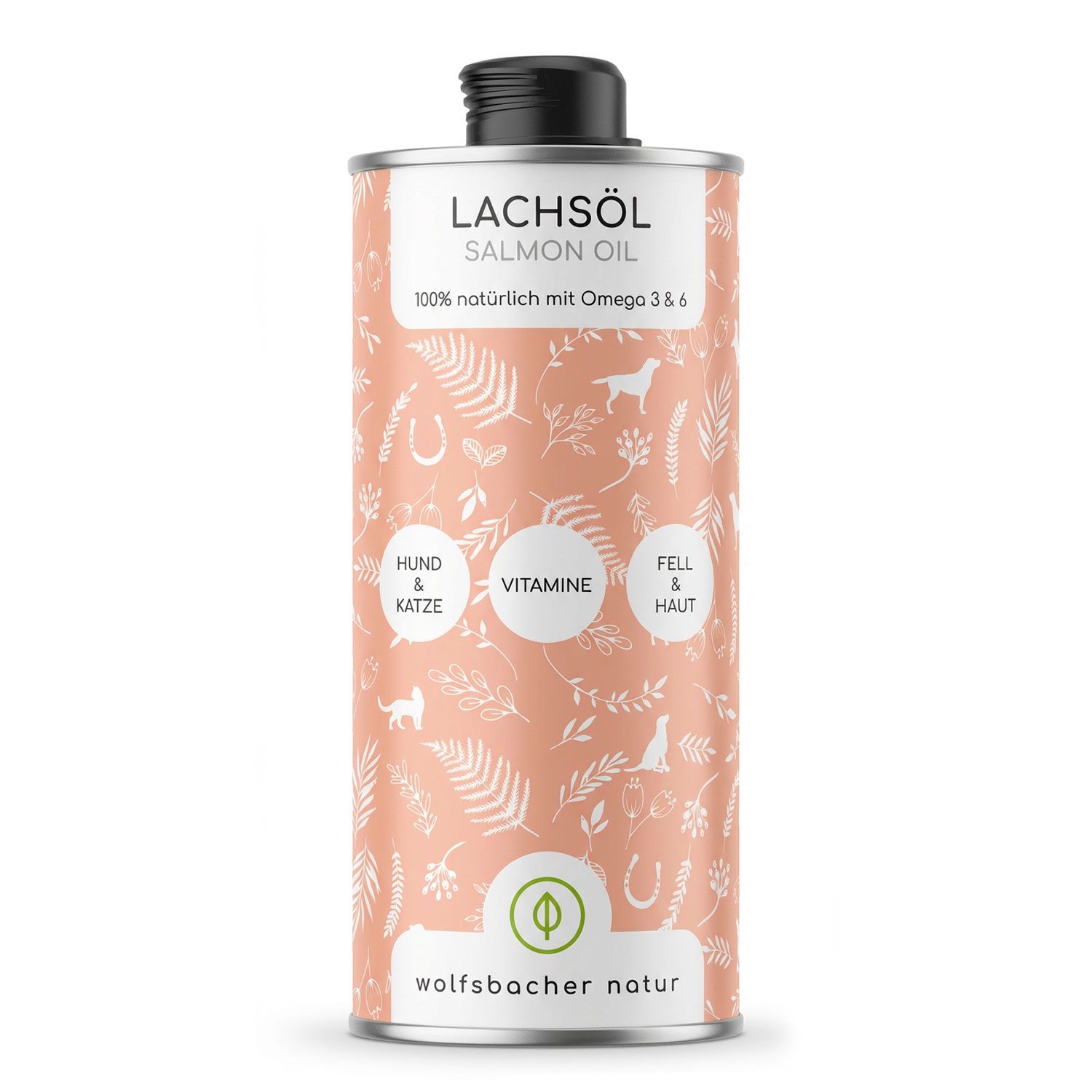 Zylindrische Dose mit Lachsöl. Aufschrift: Lachsöl, Salmon Oil, 100% natürlich mit Omega 3 & 6. Illustrationen von Hund, Katze, Hufeisen und Blättern.